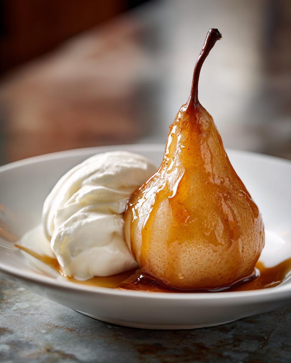 A close-up of a perfectly caramelized poached pears served with a dollop of fresh whipped cream in a white bowl.