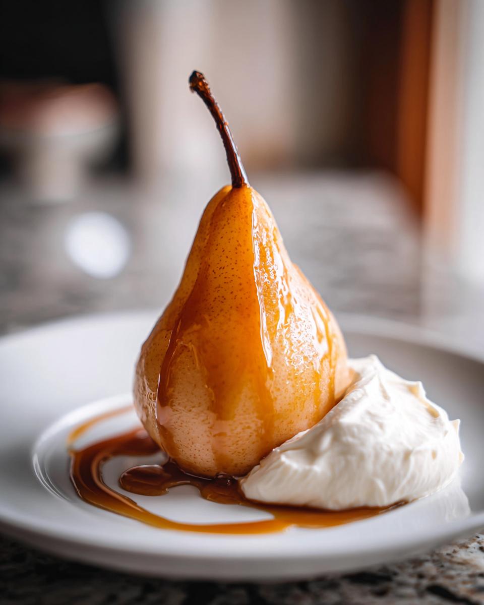 A single, beautifully caramelized poached pear drizzled with sauce, served next to a dollop of whipped cream on a white plate.