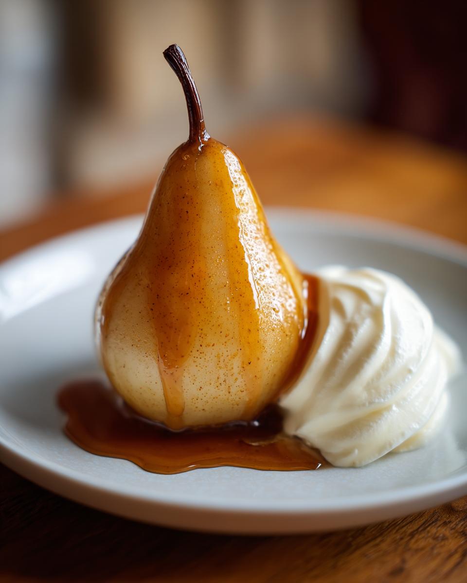 A close-up of one perfectly cooked poached pears drizzled with caramel sauce and served with whipped cream.