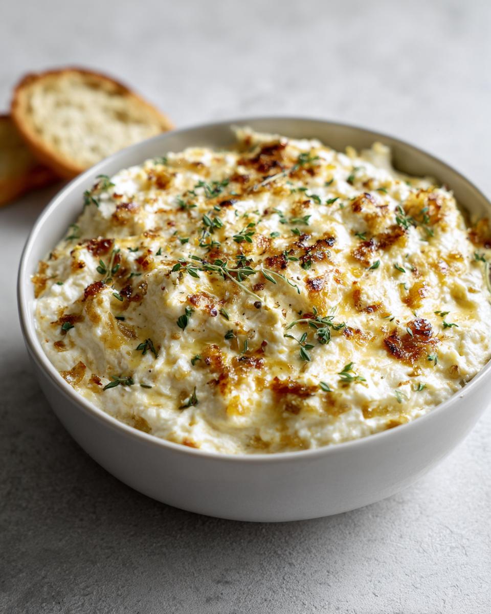 A white bowl filled with creamy caramelized onion dip, topped with browned onions and fresh thyme sprigs.