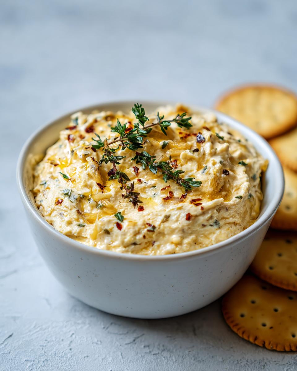 A close-up of creamy caramelized onion dip topped with fresh thyme and chili flakes, served with crackers.