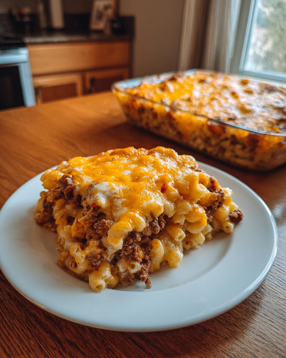 A generous serving of cheeseburger casserole with macaroni, ground beef, and a thick layer of melted cheddar cheese on a white plate.