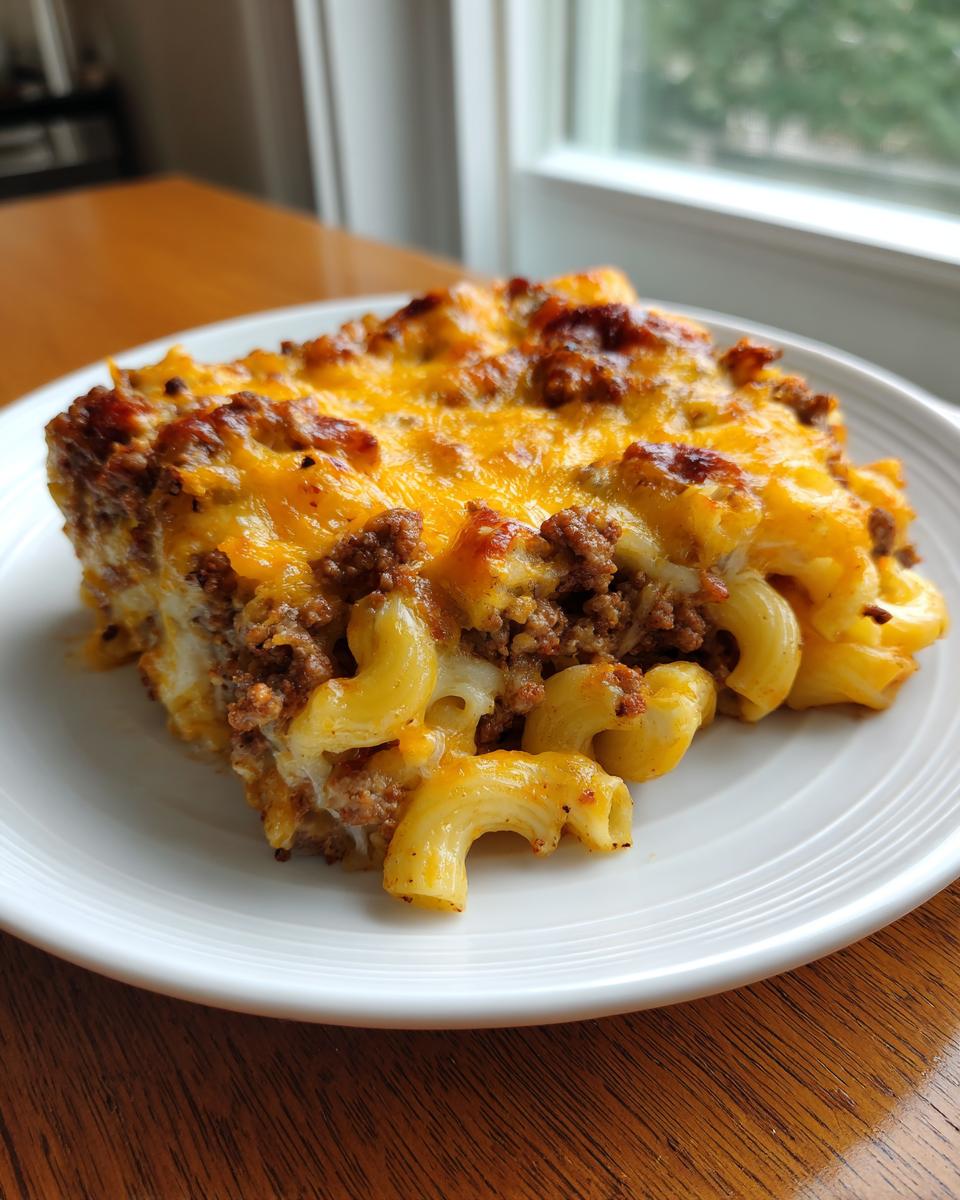 A hearty serving of cheeseburger casserole featuring elbow macaroni, seasoned ground beef, and a thick layer of melted cheddar cheese.