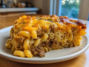 A close-up slice of baked cheeseburger casserole showing macaroni, ground beef, and a thick, bubbly, melted cheddar cheese topping.