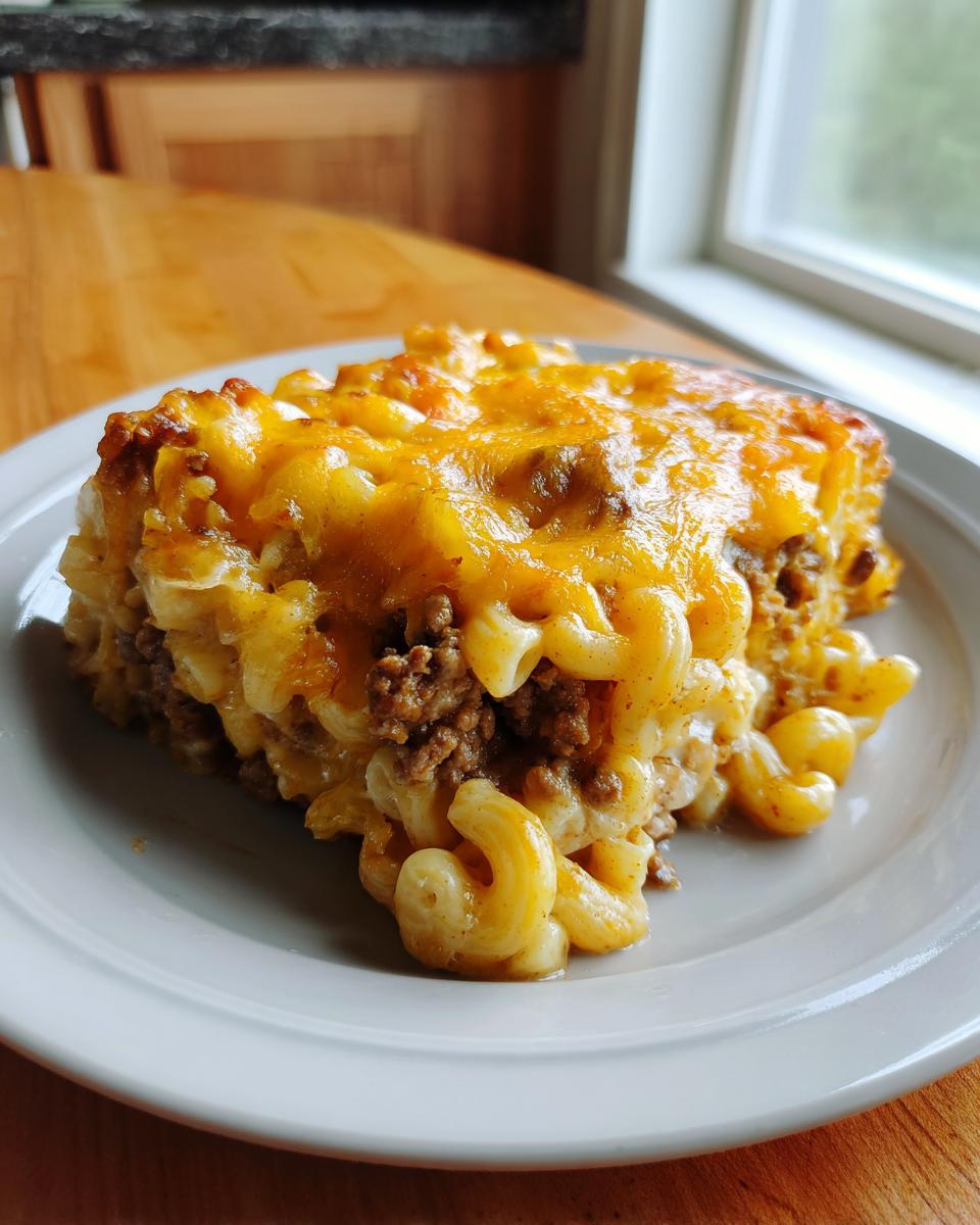 A generous serving of cheeseburger casserole featuring elbow macaroni, ground beef, and melted cheddar cheese on a white plate.