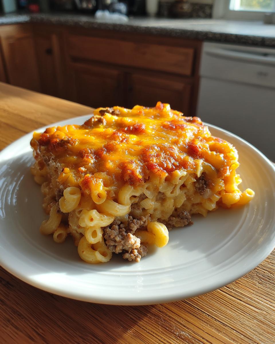 A square serving of cheeseburger casserole featuring elbow macaroni, ground beef, and a thick layer of melted cheddar cheese on top.