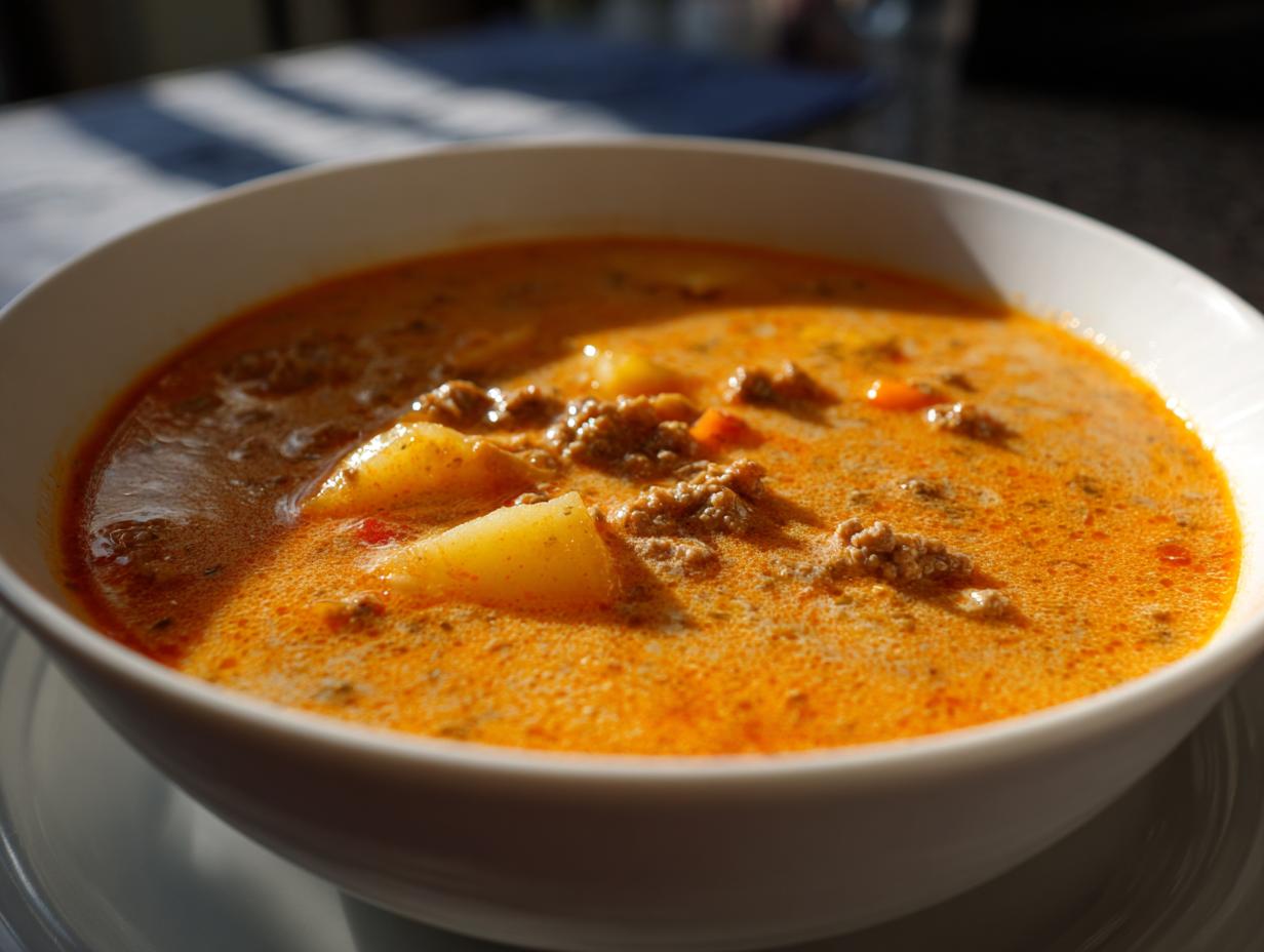 Close-up of a hearty bowl of orange-hued cheeseburger soup, featuring ground beef and chunks of potato.