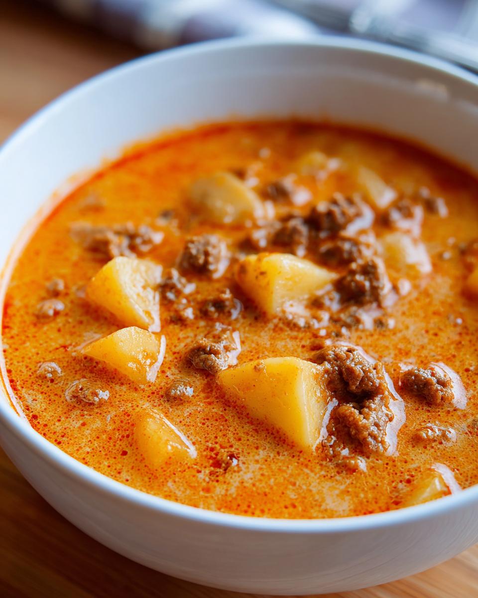 Close-up of a hearty bowl of cheeseburger soup featuring chunks of potato and seasoned ground beef in a rich, orange broth.