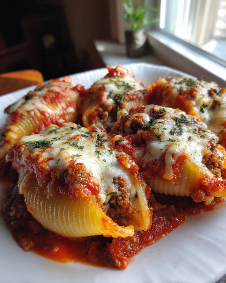 A close-up of baked stuffed shells filled with meat, covered in melted mozzarella cheese and marinara sauce.