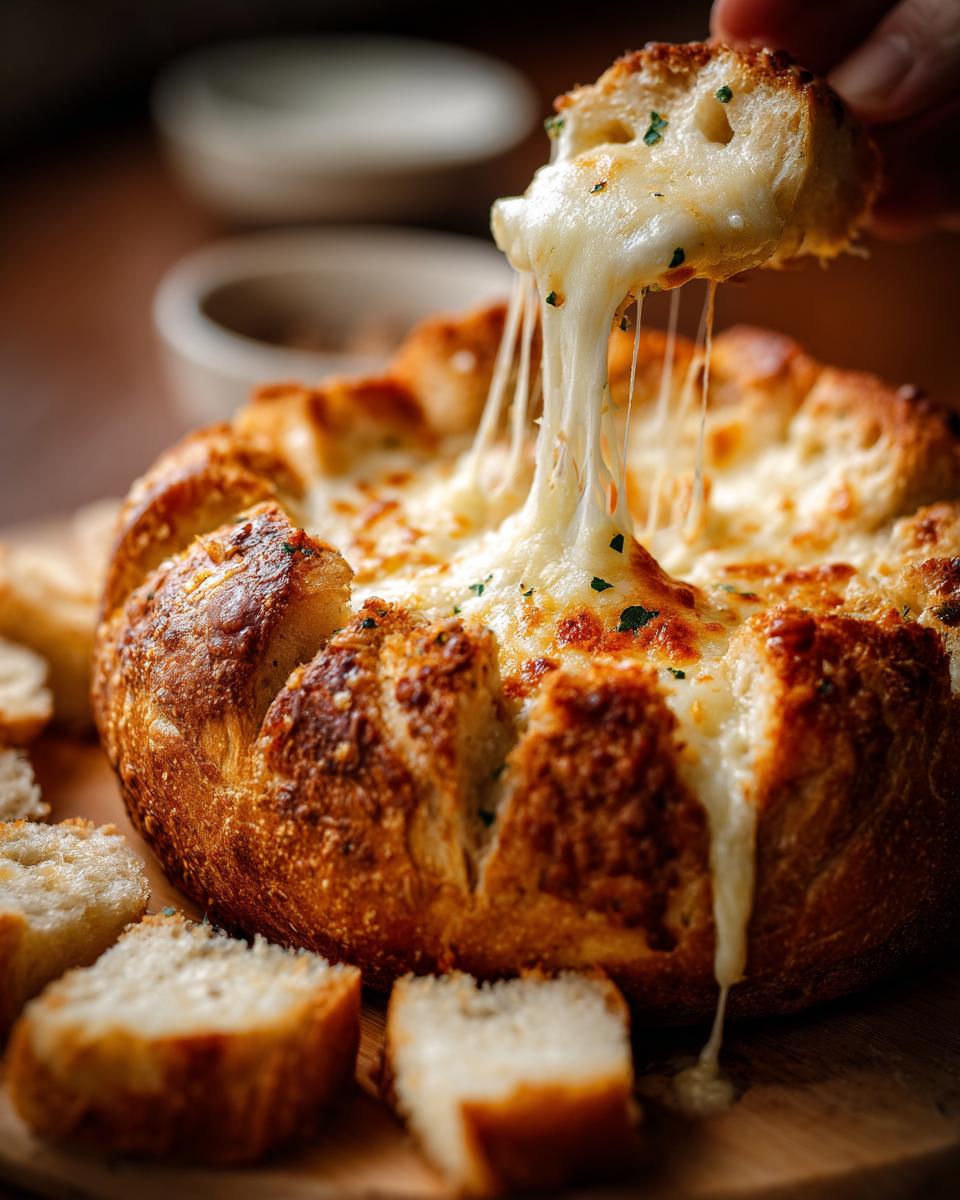 A hand pulls a piece of crusty bread from a hollowed loaf filled with melted, stringy cheese, showcasing the amazing bread dip.