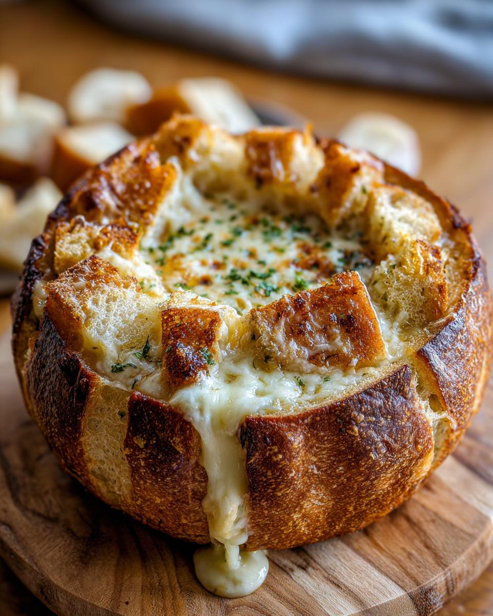Close-up of a hot, cheesy bread dip served inside a hollowed-out, scored sourdough loaf, with cheese dripping down the side.