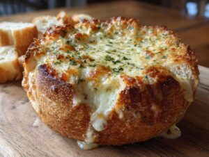 Close-up of a cheesy bread dip baked inside a hollowed-out loaf, with melted cheese overflowing, served with bread slices.