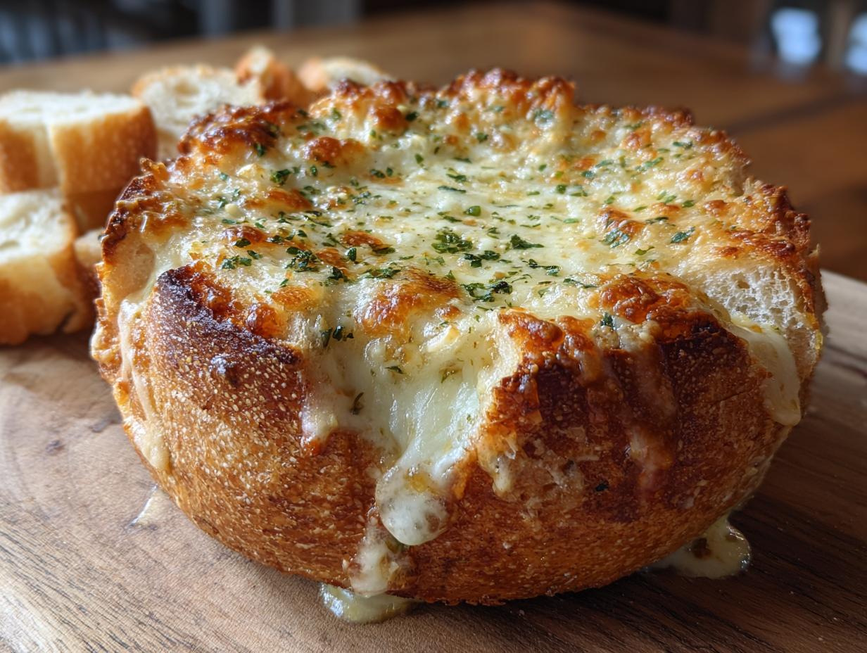 Close-up of a cheesy bread dip baked inside a hollowed-out loaf, with melted cheese overflowing, served with bread slices.