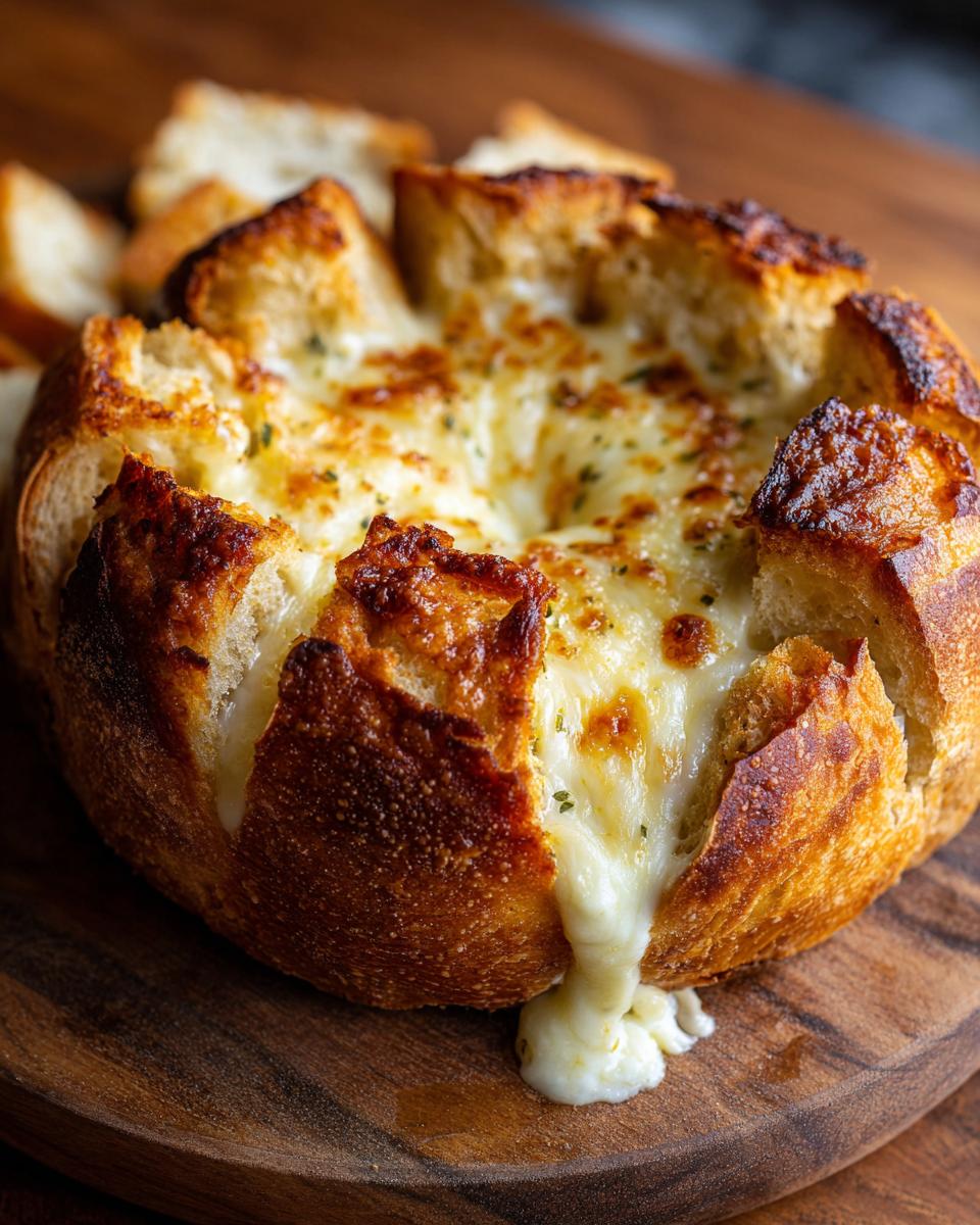 Close-up of a cheesy bread dip baked inside a hollowed-out loaf, with melted cheese oozing out.