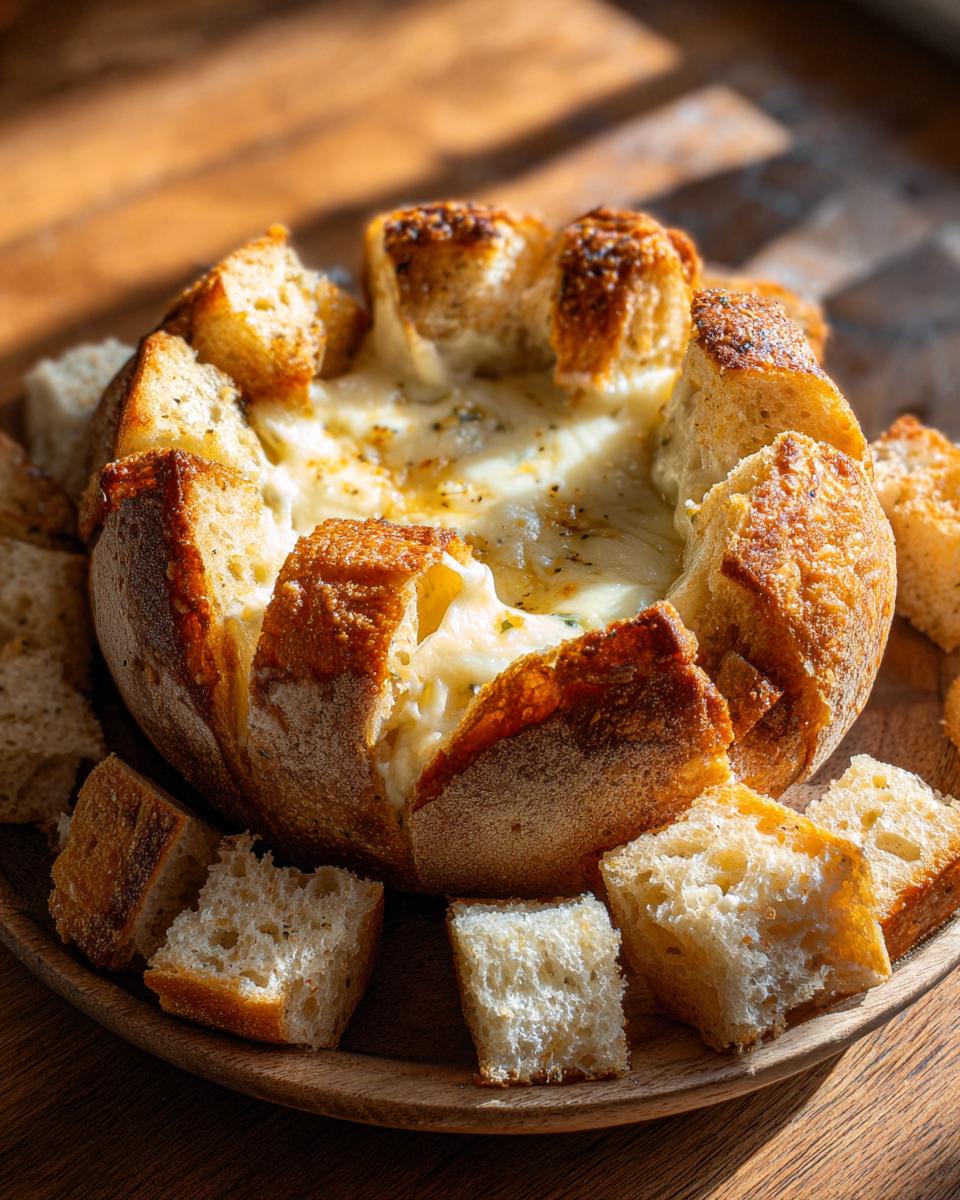 A baked, cheesy bread dip served inside a hollowed-out, scored sourdough loaf with toasted bread pieces surrounding it.