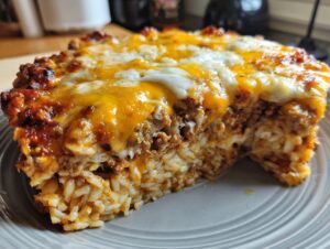 A close-up, cross-section view of a cheesy burrito bake slice showing layers of seasoned rice and meat topped with melted cheddar and Monterey Jack cheese.