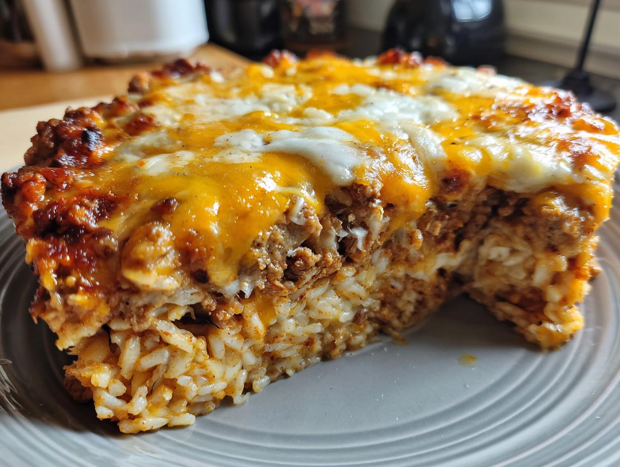 A close-up, cross-section view of a cheesy burrito bake slice showing layers of seasoned rice and meat topped with melted cheddar and Monterey Jack cheese.