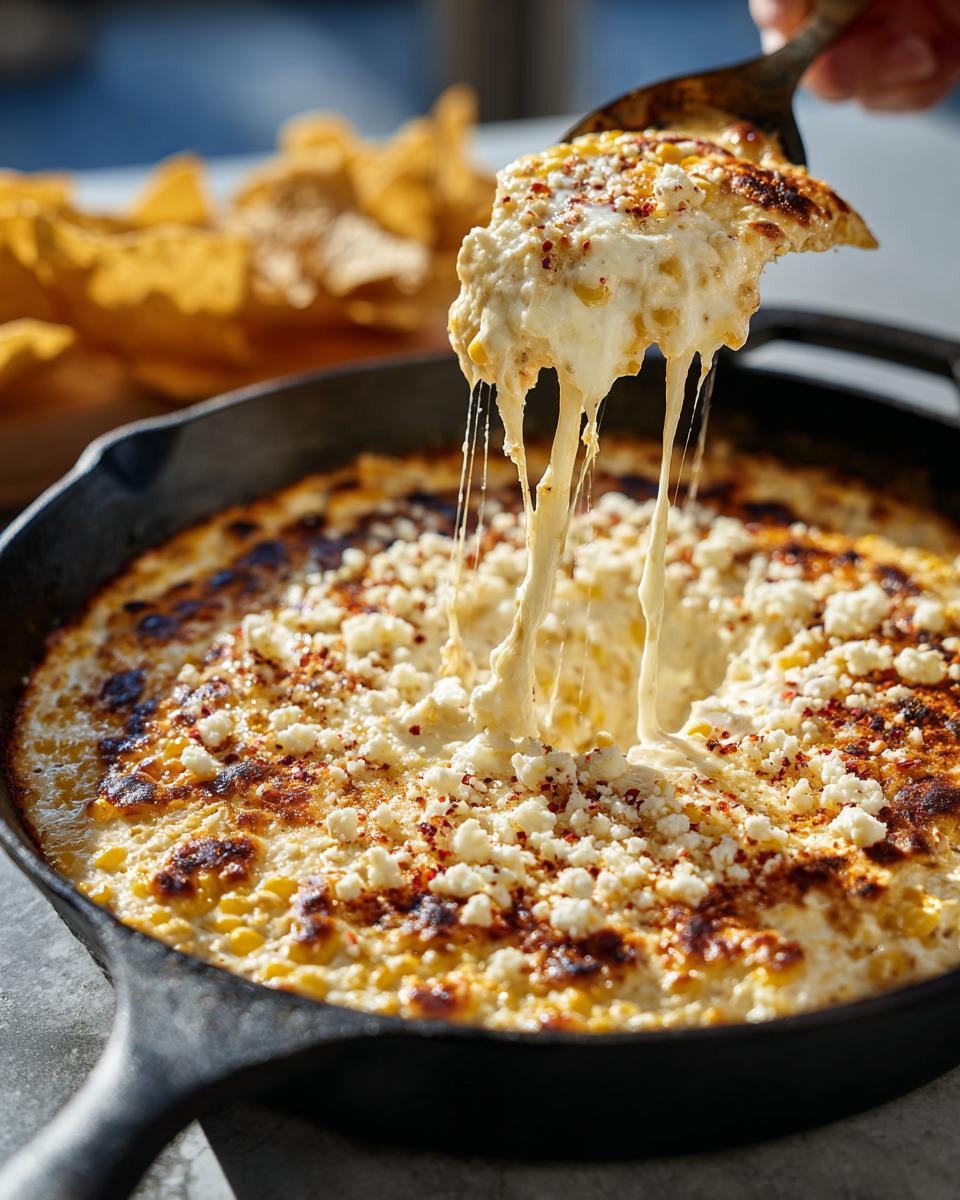 A spoonful of hot, cheesy elote dip is lifted from a cast iron skillet, showing long cheese pulls.
