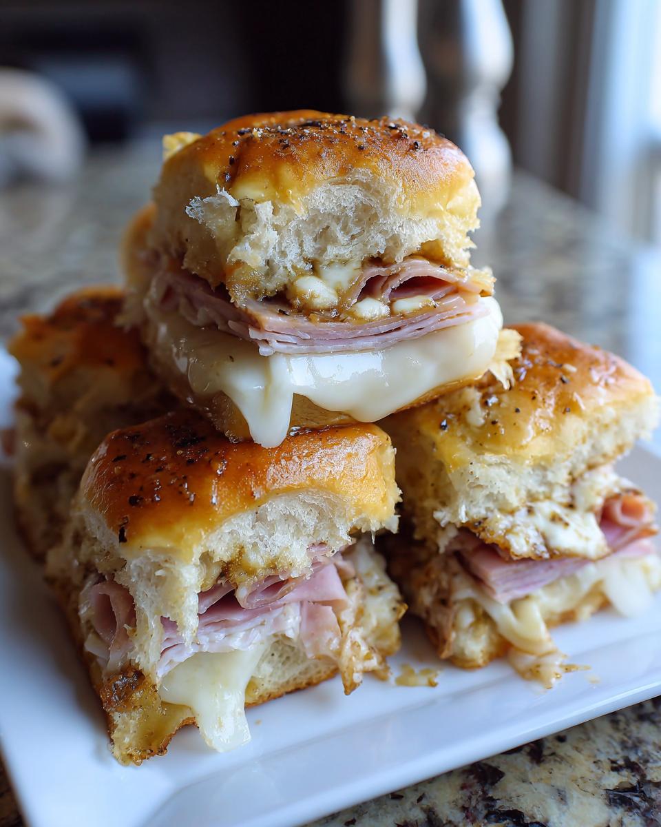 A stack of delicious, cheesy ham grinder sliders with glossy, seasoned tops served on a white plate.