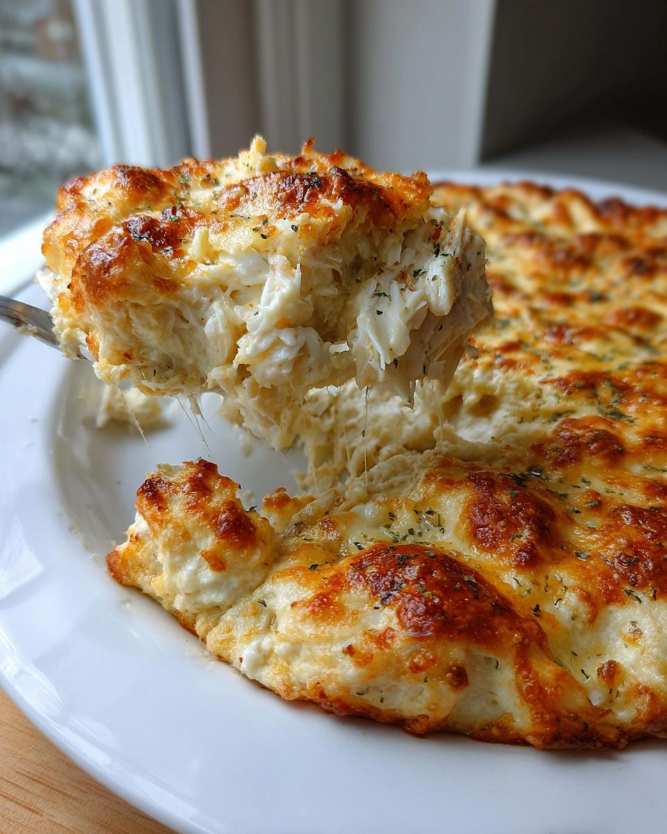 A spoonful of creamy, baked hot crab dip showing a cheese pull, topped with golden brown cheese and herbs.