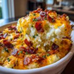 A spoonful of cheesy loaded mashed potatoes being lifted from a white dish, showing melted cheese pull and bacon bits.