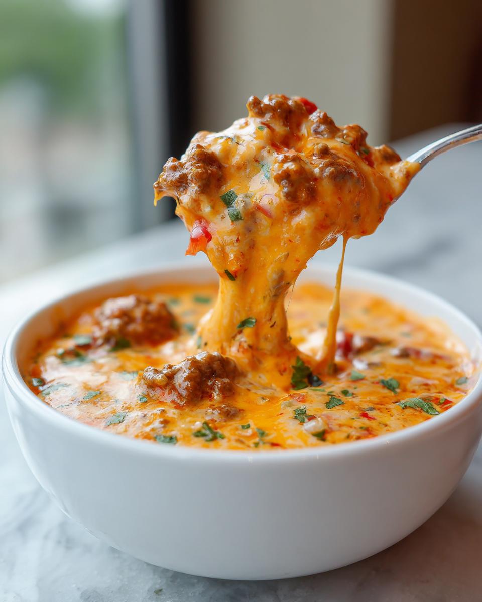A spoonful of cheesy, meaty rotel dip showing a long cheese pull, served in a white bowl.