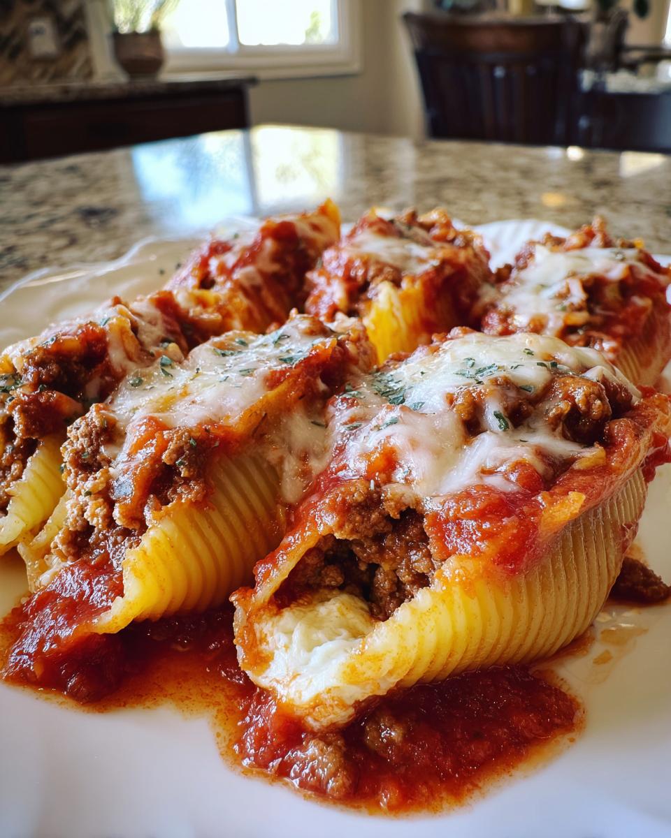 Close-up of baked stuffed shells overflowing with meat sauce, melted mozzarella, and ricotta cheese.