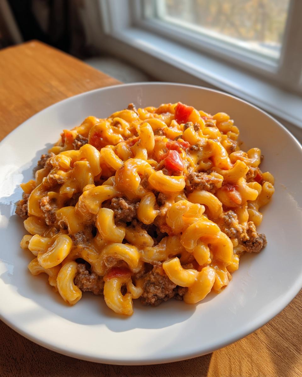 A close-up of cheesy, saucy taco pasta with ground beef and diced tomatoes served in a white bowl.