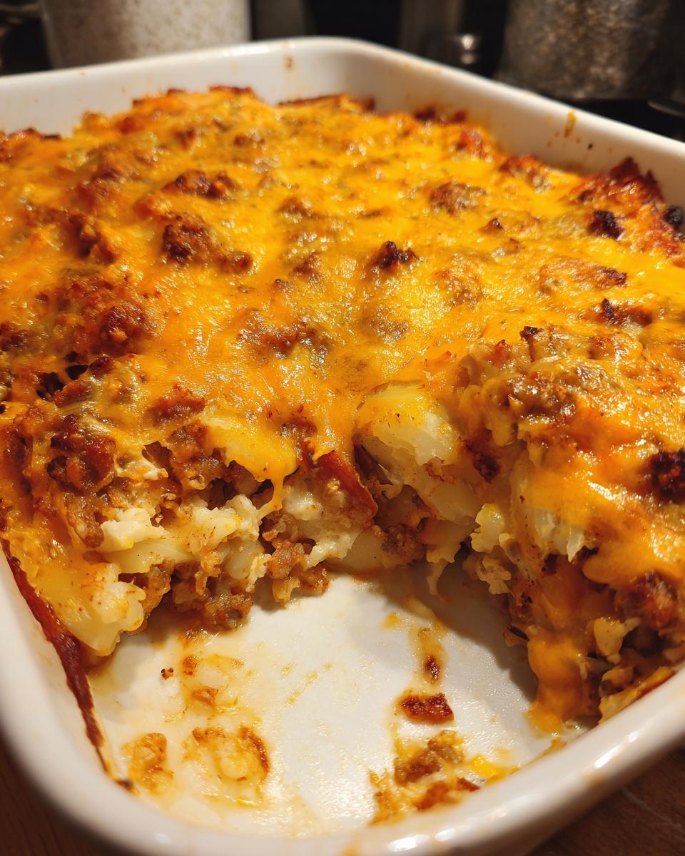 A close-up of a freshly baked pierogi casserole topped with melted cheddar cheese and ground meat mixture.