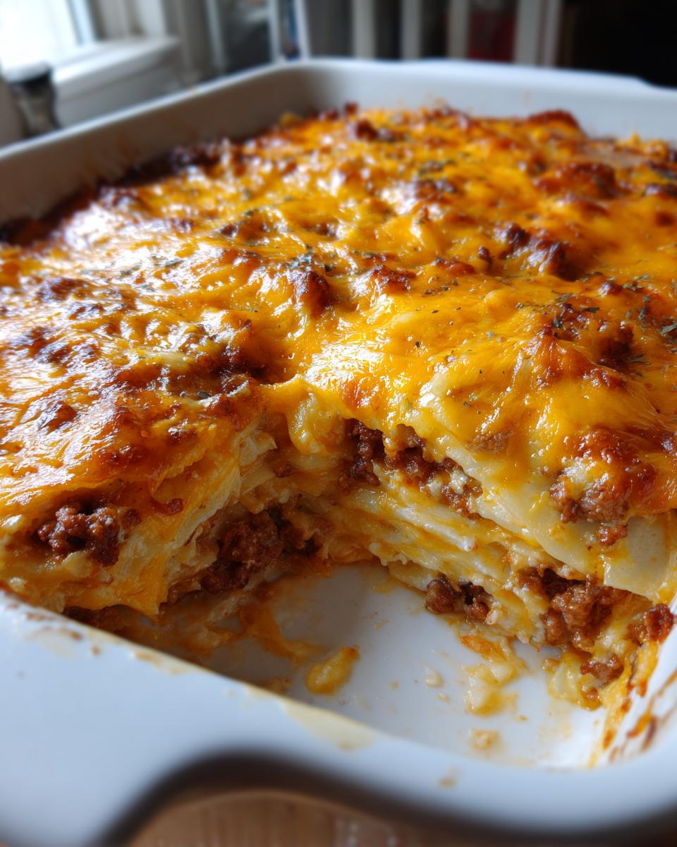A close-up view of a baked pierogi casserole with layers of pasta, meat filling, and a thick, melted, golden-brown cheddar cheese topping.