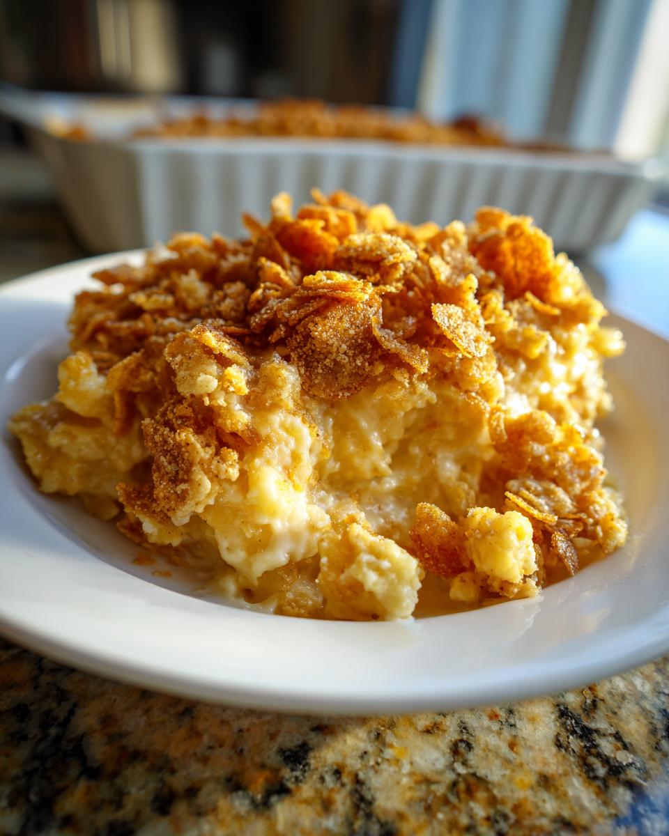 A scoop of creamy cheesy potato casserole topped with a golden, crunchy cornflake crust, served on a white plate.