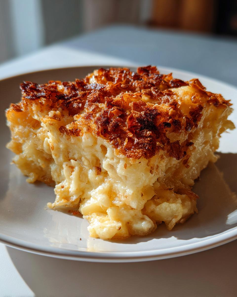 A close-up serving of cheesy potato casserole featuring a creamy interior and a deeply browned, crispy topping.