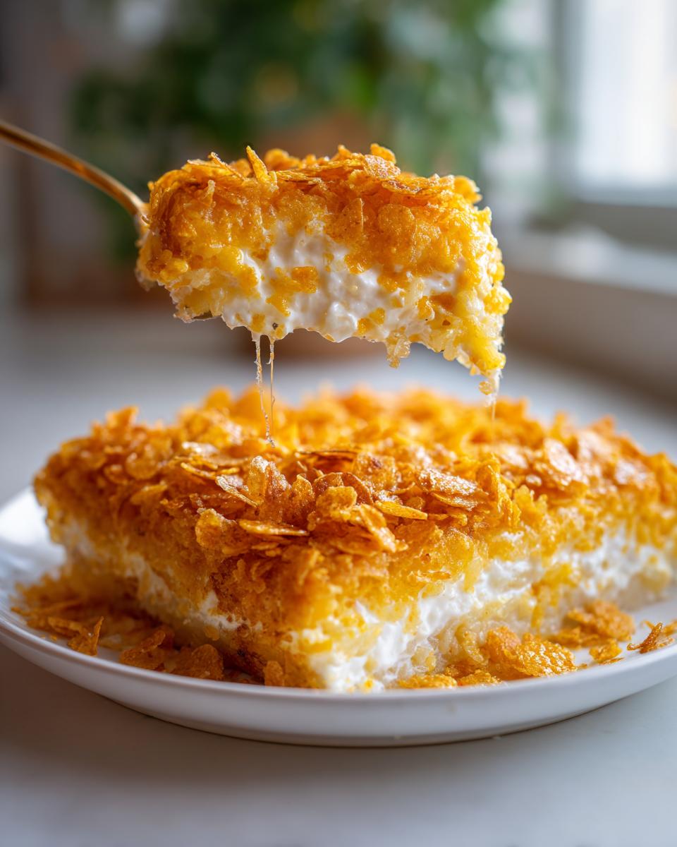 A spoonful of creamy cheesy potato casserole topped with crunchy cornflakes is lifted from the main dish.