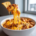 A tortilla chip lifting a massive, cheesy pull of hot rotel dip loaded with ground meat and peppers.