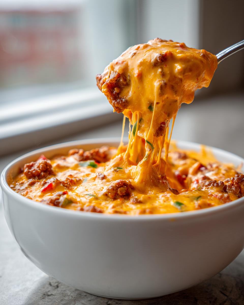 A spoonful of hot, cheesy rotel dip being lifted from a white bowl, showing long cheese pulls and ground meat.