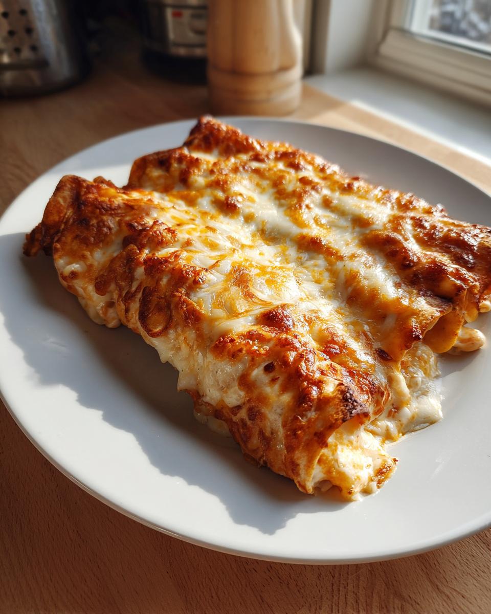 Close-up of two baked shrimp enchiladas covered in melted, bubbly, golden-brown cheese, served on a white plate.