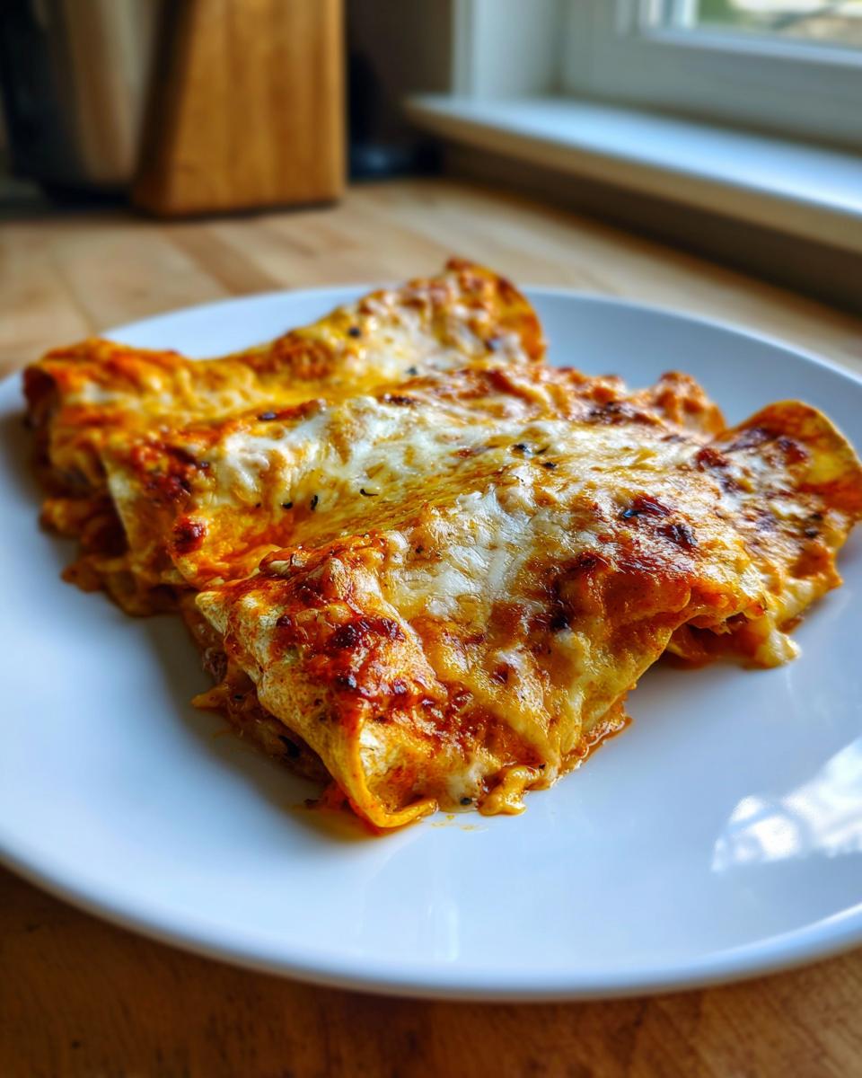 Close-up of two cheesy, baked shrimp enchiladas covered in red sauce and melted white cheese on a white plate.