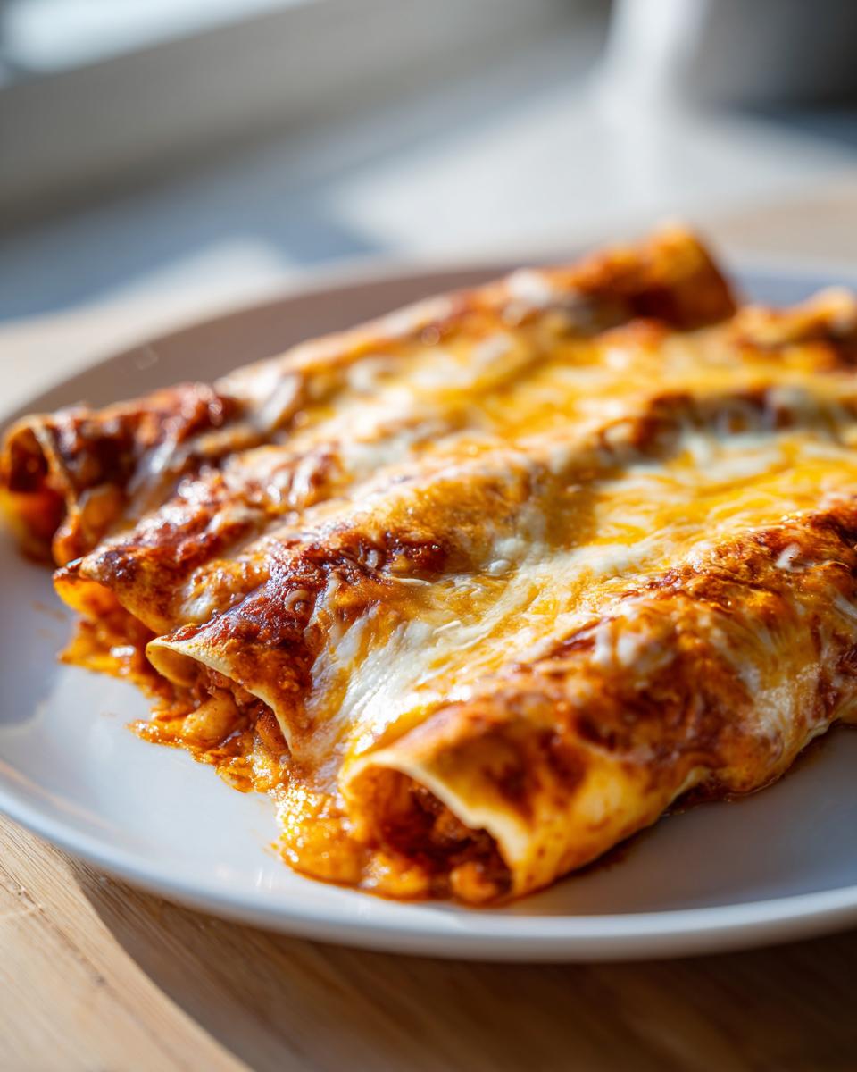 Close-up of three baked shrimp enchiladas covered in melted red sauce and cheese.