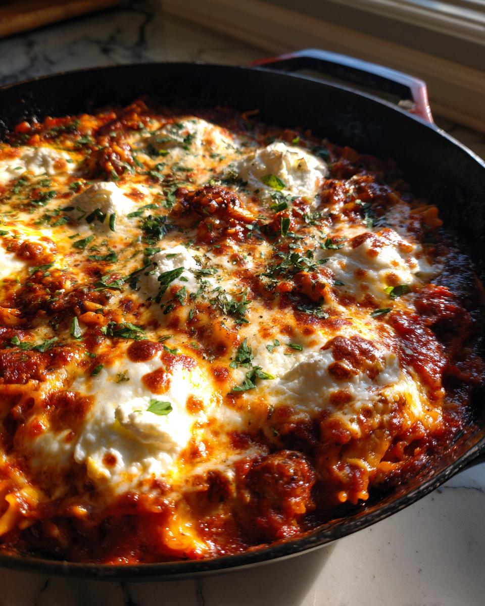 Close-up of bubbling, cheesy skillet lasagna topped with dollops of ricotta and fresh parsley in a black pan.