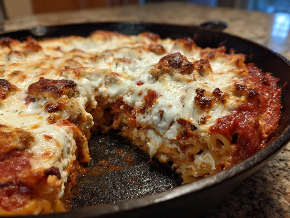 Close-up of cheesy, bubbling skillet lasagna with a piece removed, showing layers of pasta and sauce.