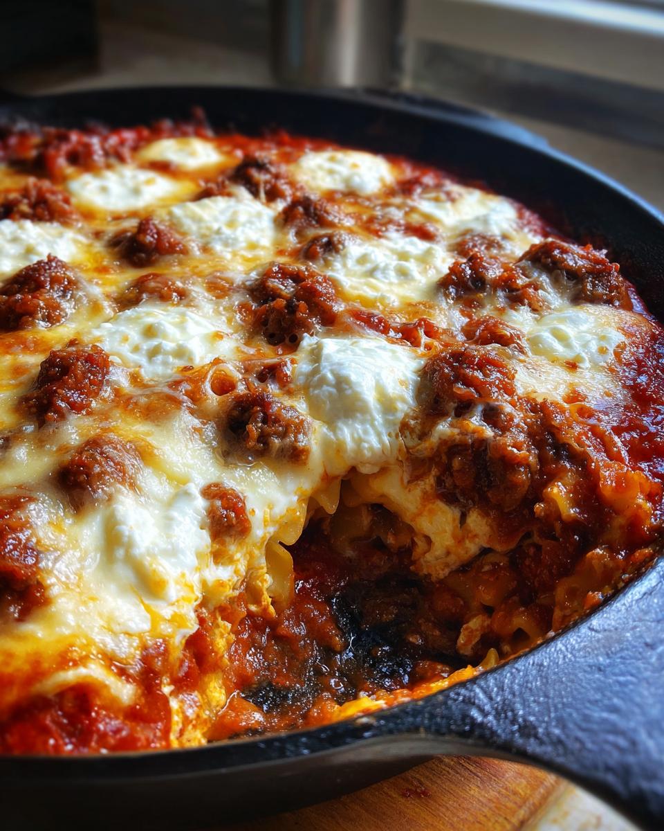 A close-up view of bubbling, cheesy skillet lasagna topped with ricotta and meat sauce in a cast iron pan.