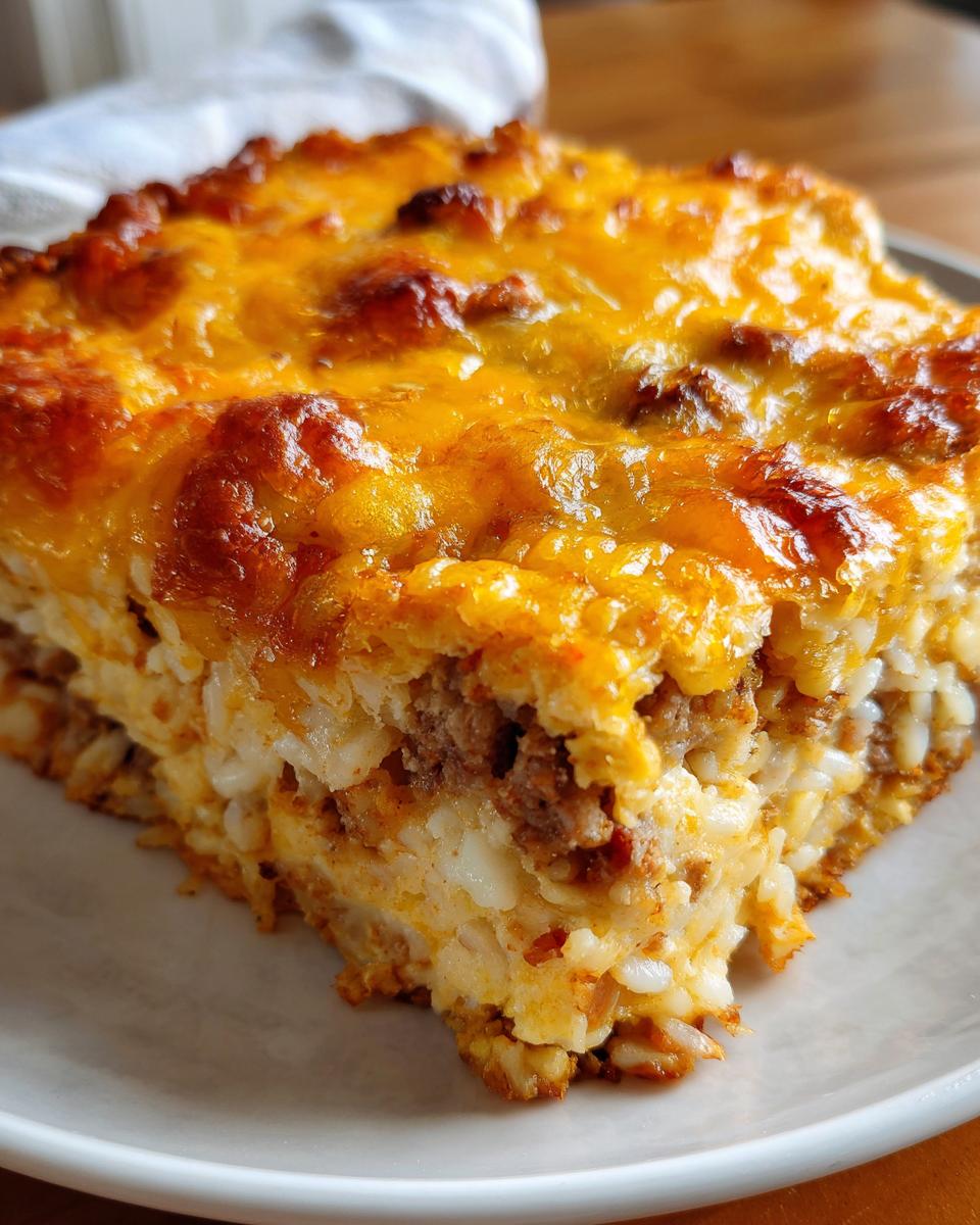 Close-up of a hearty slice of burrito bake with rice, meat, and a thick layer of melted, browned cheddar cheese.