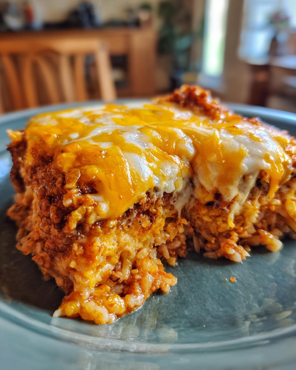 Close-up of a cheesy slice of the amazing 5-minute burrito bake, showing rice and seasoned filling under melted cheddar and Monterey Jack.