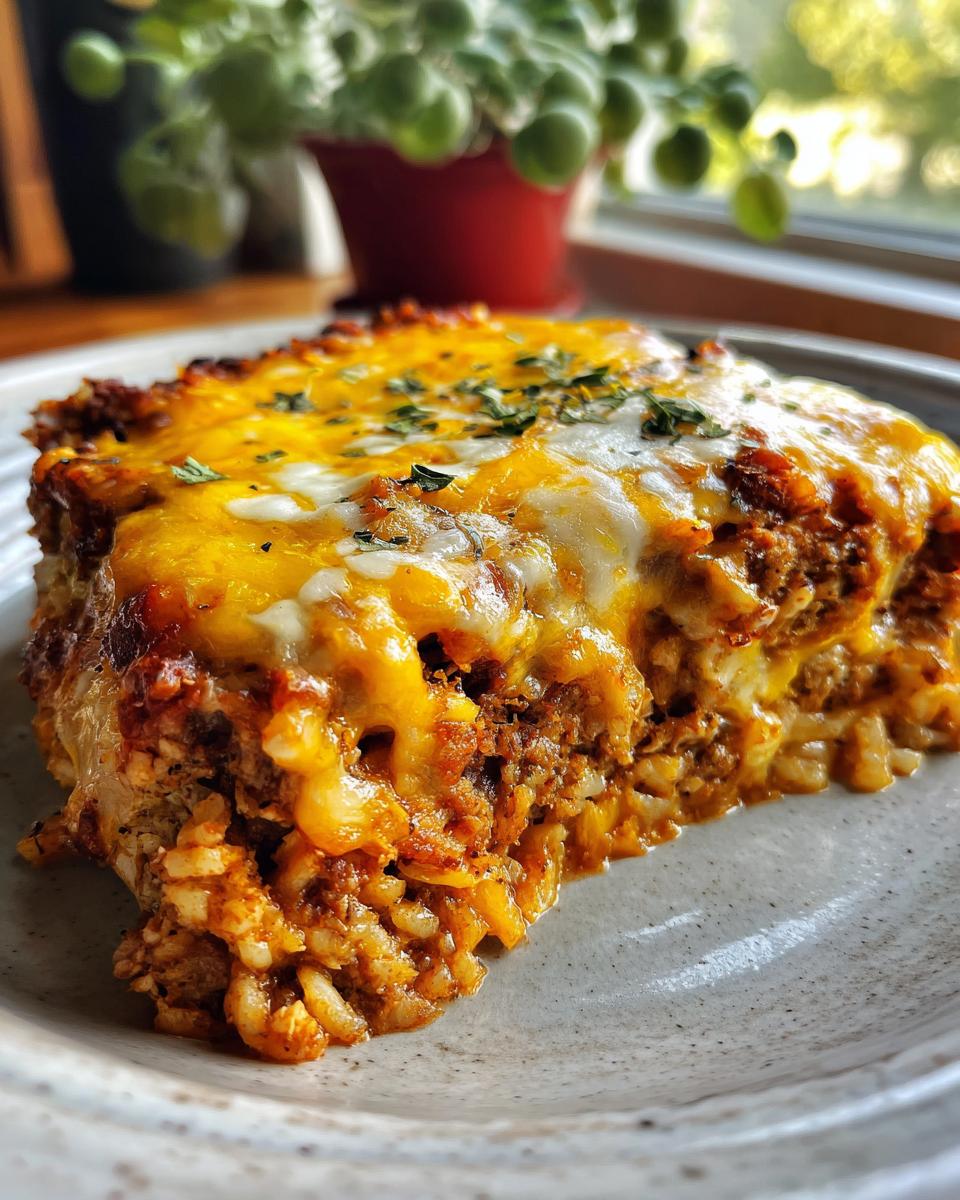 A close-up of a cheesy, saucy slice of burrito bake layered with rice and meat mixture.