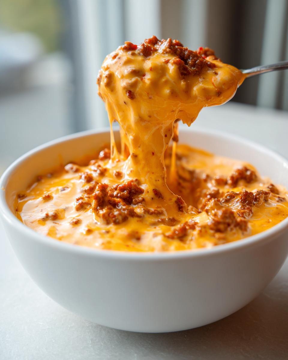 A spoonful of incredibly cheesy and meaty rotel dip being lifted from a white bowl, showing long cheese pulls.