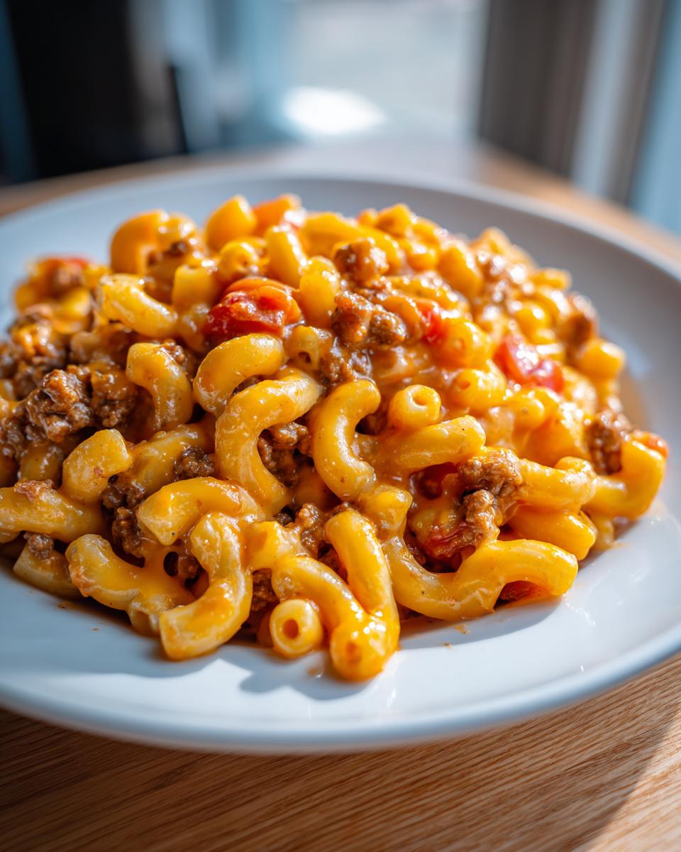 A close-up of a serving of creamy, cheesy taco pasta mixed with seasoned ground beef and diced tomatoes.