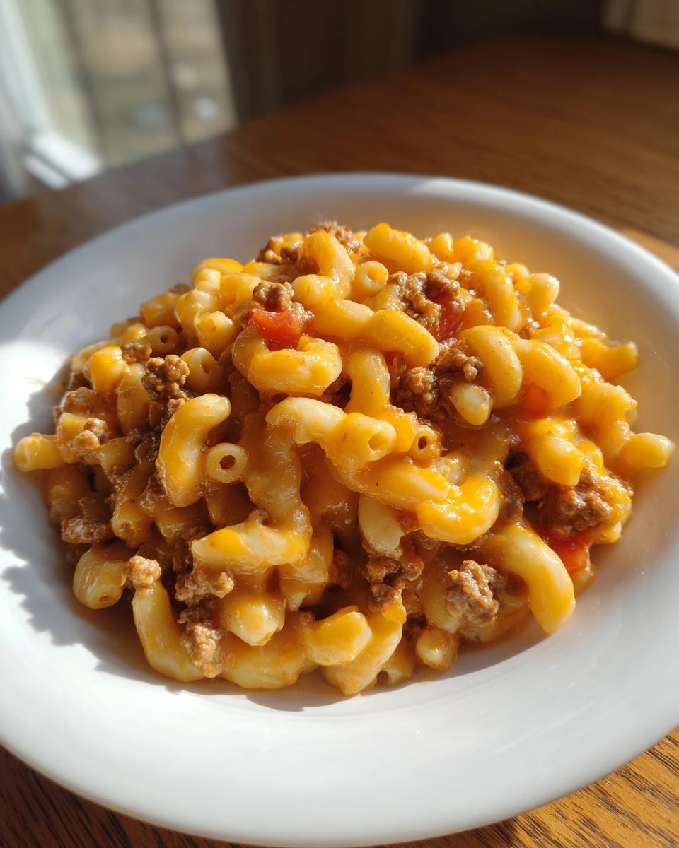A close-up shot of creamy, cheesy taco pasta mixed with ground beef served in a white bowl.