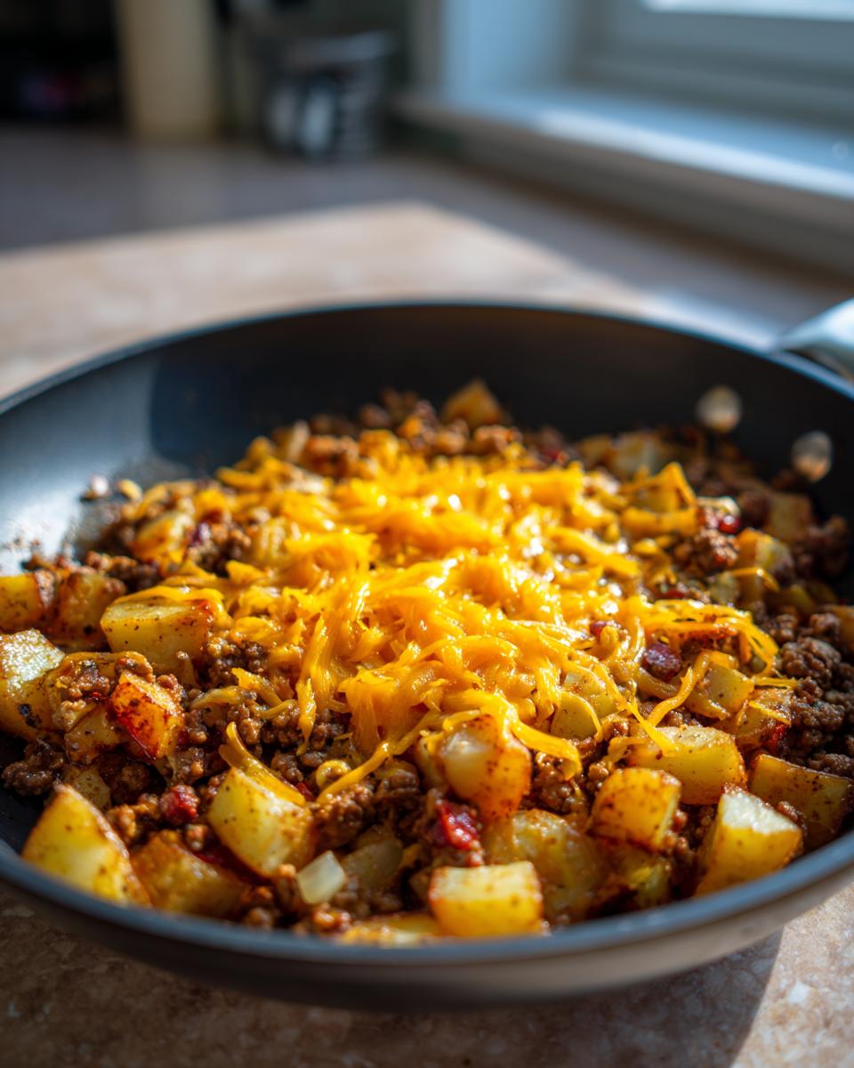 Close-up of Cheesy Taco Potatoes with seasoned ground beef, diced potatoes, and shredded cheddar cheese topping in a black skillet.