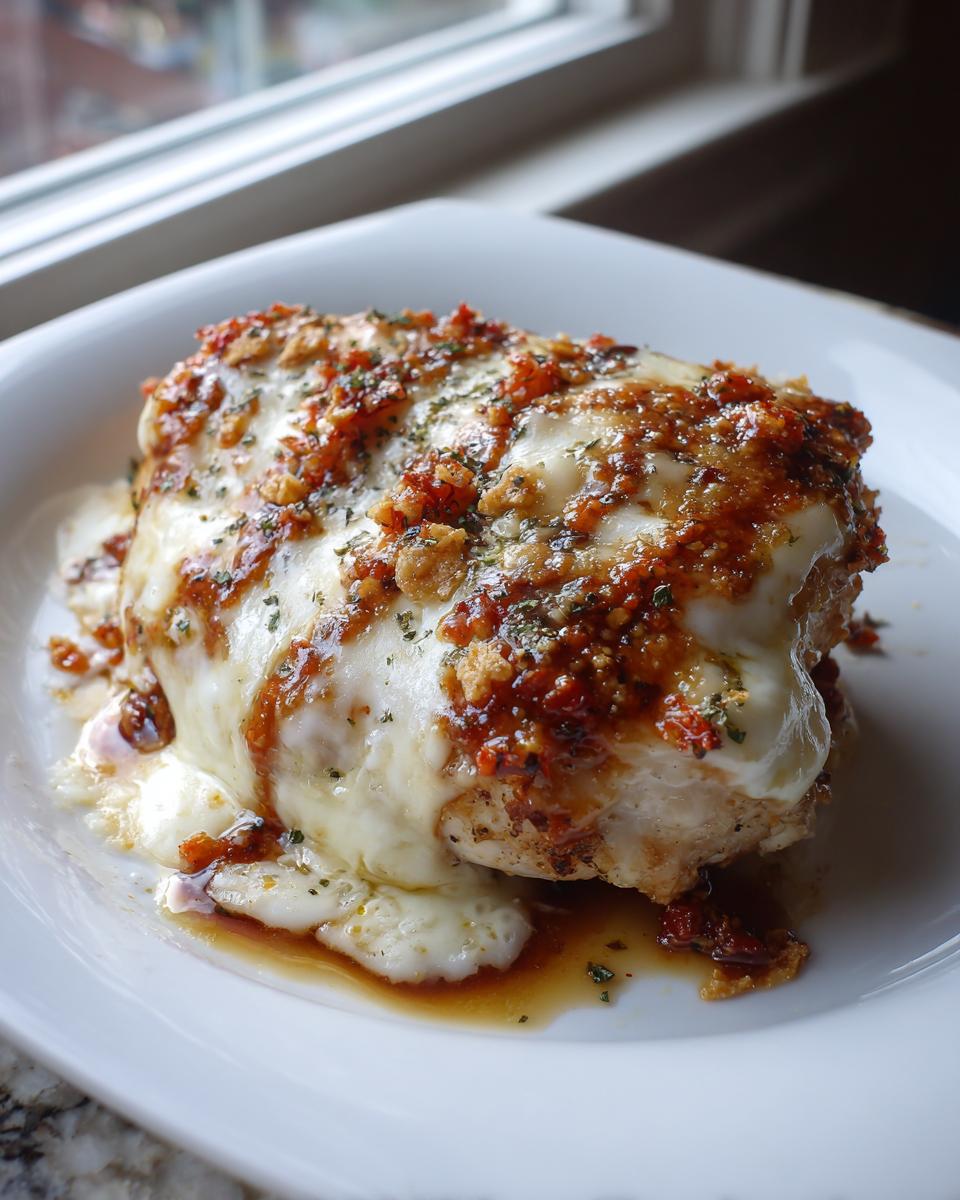 A close-up of a baked chicken breast covered in melted white cheese and a savory, reddish-brown topping, likely part of the fiesta lime chicken recipe.