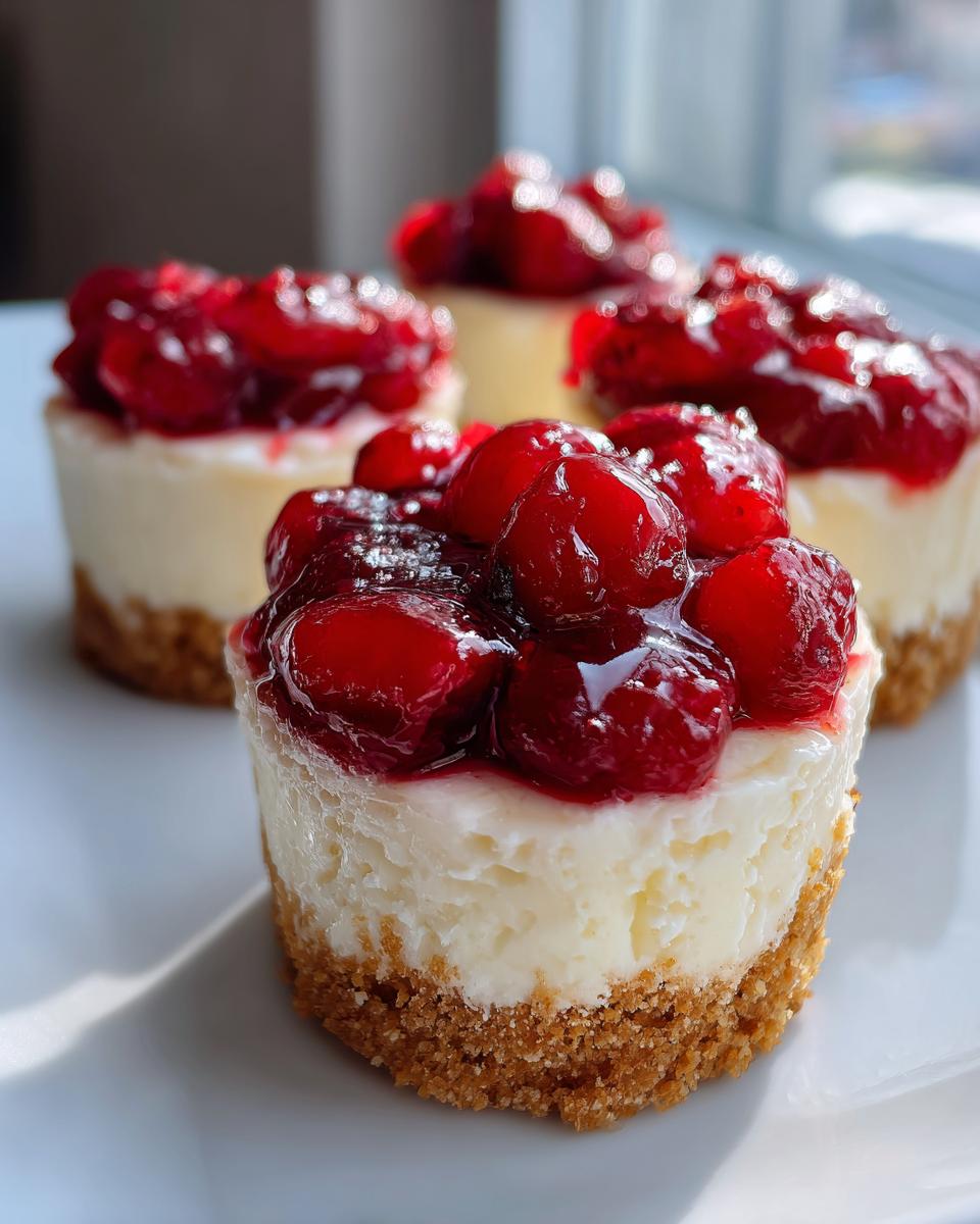 A close-up of a creamy mini cheesecake with a graham cracker crust, topped generously with bright red cherry topping.